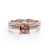 1.50 Carat Cushion Cut Peach Morganite and Diamond Wedding Ring Set in 10k White Gold