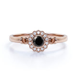 Unique Flower 1 Carat Round Lab Black Diamond and Halo Engagement Ring in White Gold