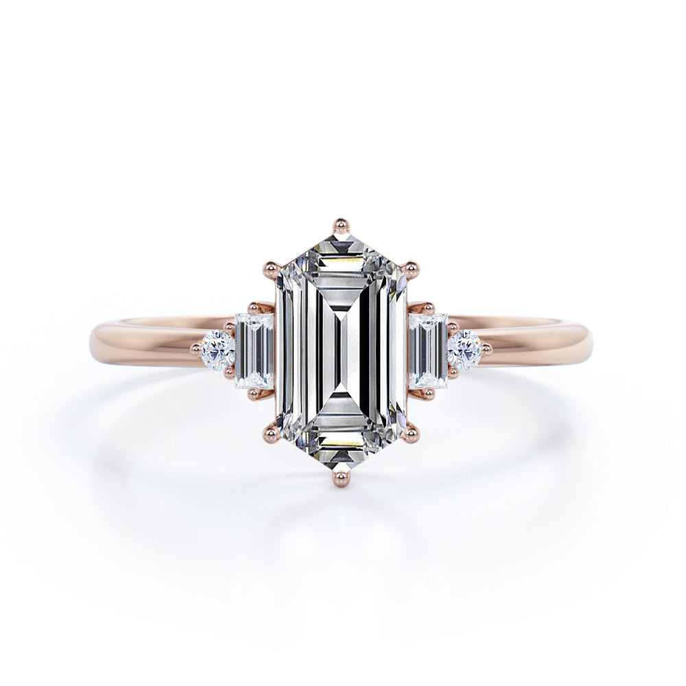 Different Shapes 5 Stone Ring - 0.8 carat Hexagon Moissanite and Diamond Engagement Ring in White Gold