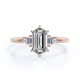 Different Shapes 5 Stone Ring - 0.8 carat Hexagon Moissanite and Diamond Engagement Ring in White Gold