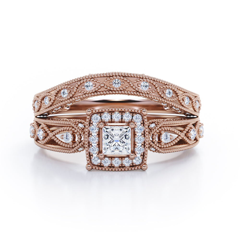 Rope Milgrain Decorated 0.65 TCW Princess Cut Diamond Halo-Channel Bridal Ring Set in 10K White Gold