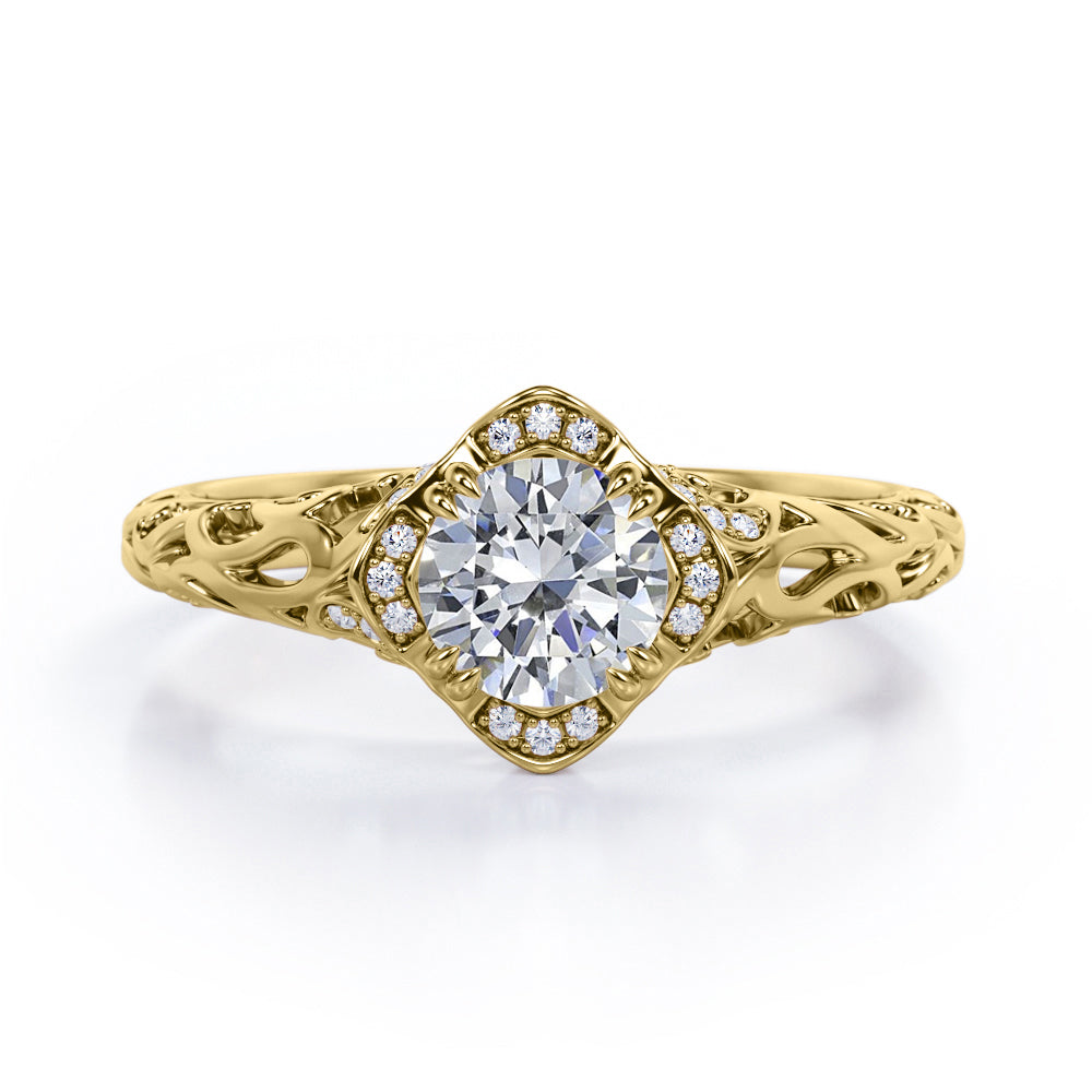 Modern Art Deco 1.10 Carat Round Cut Moissanite And Diamond Cushion Framed Halo Engagement Ring In White Gold