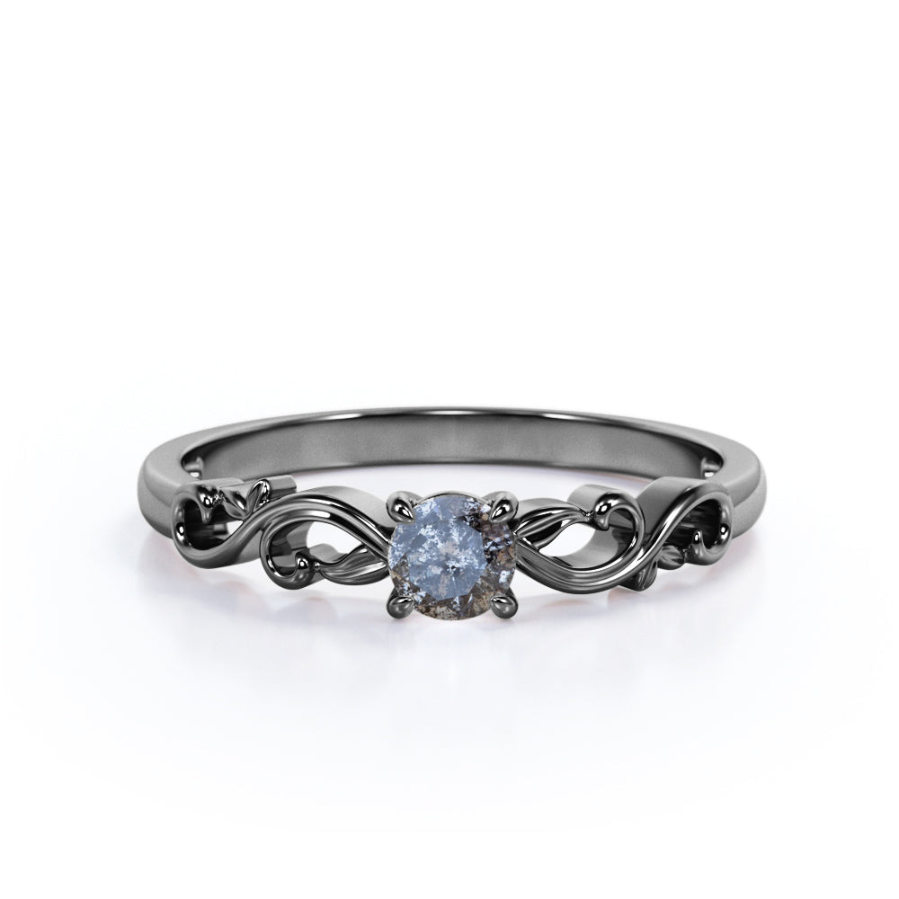 Unique Solitaire .50 Carat Round Cut Dark Grey Galaxy Salt and Pepper Diamond Nature-Inspired Art Deco Engagement Ring in White Gold