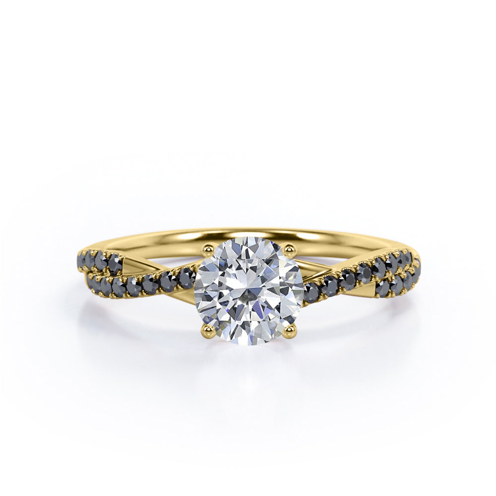 Basket Cathedral - 1.45 TCW Round Shape Moissanite with Lab Created Black Diamond - Crossover Pave Engagement Ring in Black Gold