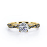 Basket Cathedral - 1.45 TCW Round Shape Moissanite with Lab Created Black Diamond - Crossover Pave Engagement Ring in Black Gold