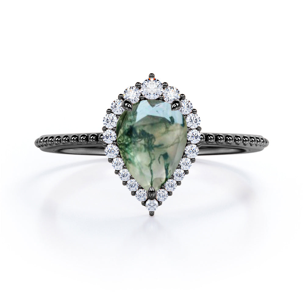 Vintage 0.7 Ct Pear Moss Agate Halo Engagement Ring