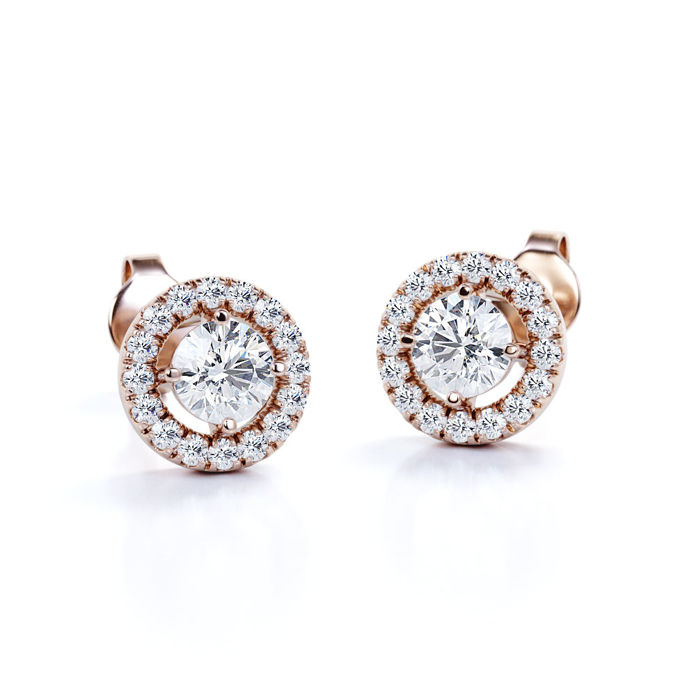 Half Bezel Set 1.10 Carat Round Certified Moissanite and Diamond Under Halo Modern Stud Earrings in White Gold