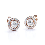 Half Bezel Set 1.10 Carat Round Certified Moissanite and Diamond Under Halo Modern Stud Earrings in White Gold