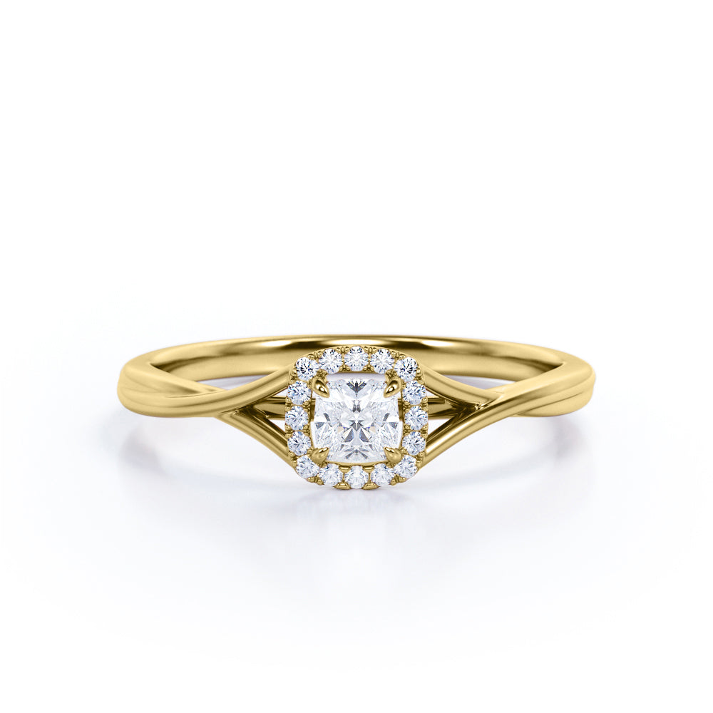 Beautiful Halo 0.75 carat Cushion Moissanite and Diamond Split Shank Engagement Ring in White Gold