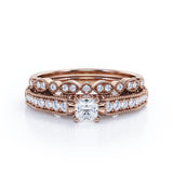 Vintage-inspired 1 carat Cushion Cut Moissanite and Diamond Wedding Set in White Gold - Anniversary Gift