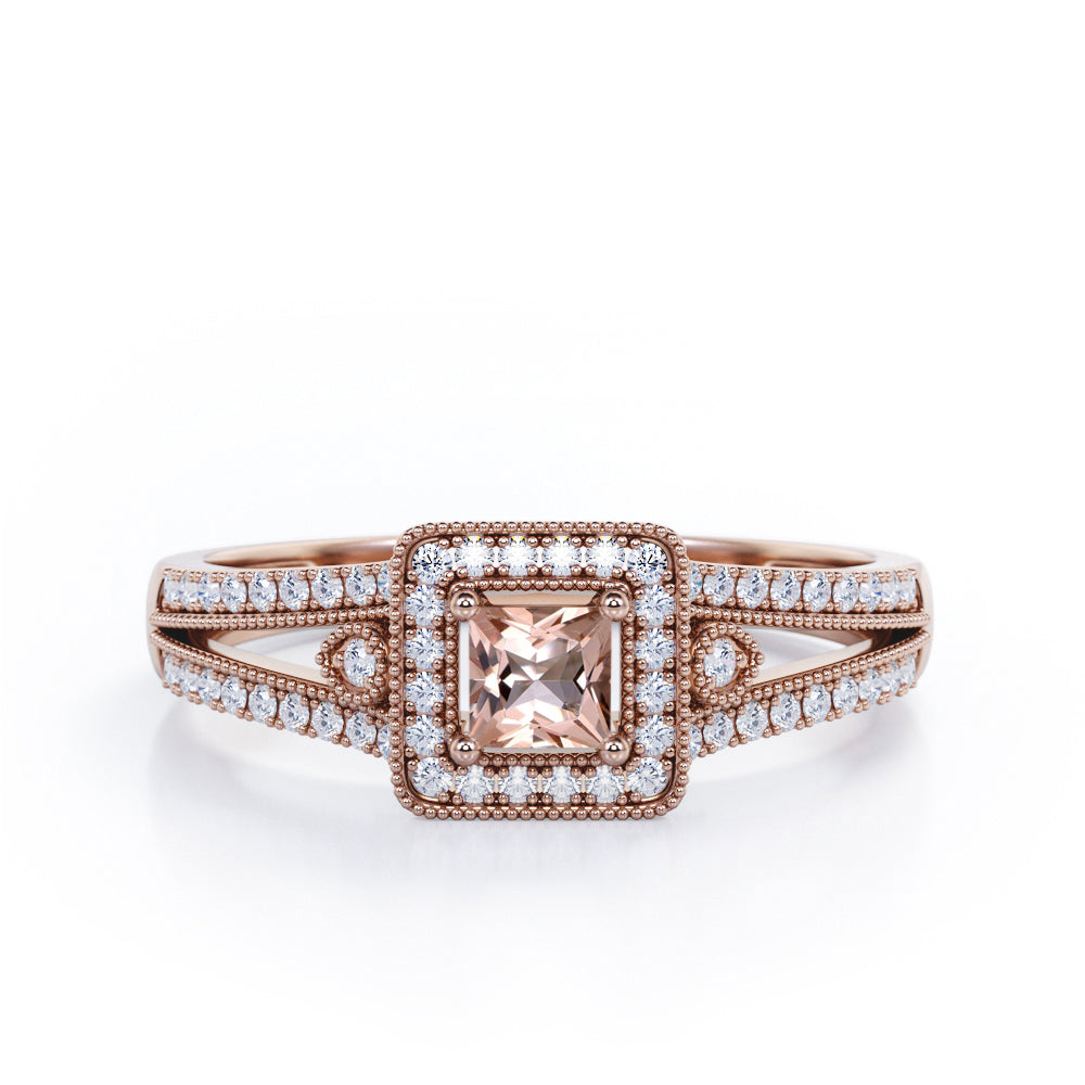 Split-Shanked Pave 1.55 Carat Princess Cut Morganite and diamond Milgrain-Bordered Halo Engagement Ring in White Gold