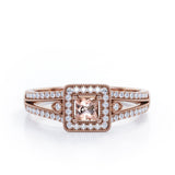Split-Shanked Pave 1.55 Carat Princess Cut Morganite and diamond Milgrain-Bordered Halo Engagement Ring in White Gold