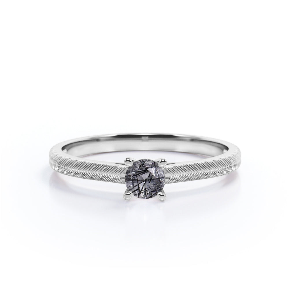 Classic Prong Solitaire 1.50 Carat Solid Black Rutile Clear Crystal Quartz Art Deco Engagement Ring in Rose Gold