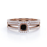 Unique 1.50 Carat Lab Black Diamond Halo Wedding Ring Set for Her in Rose Gold