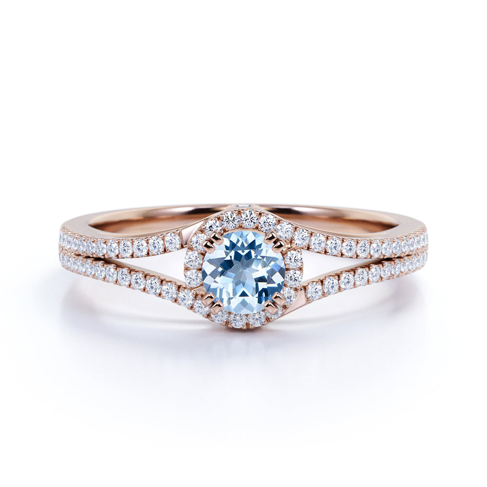 Split Shank 1.50 Carat Round Dark Blue Aquamarine and Diamond Fishtail Engagement Ring in White Gold