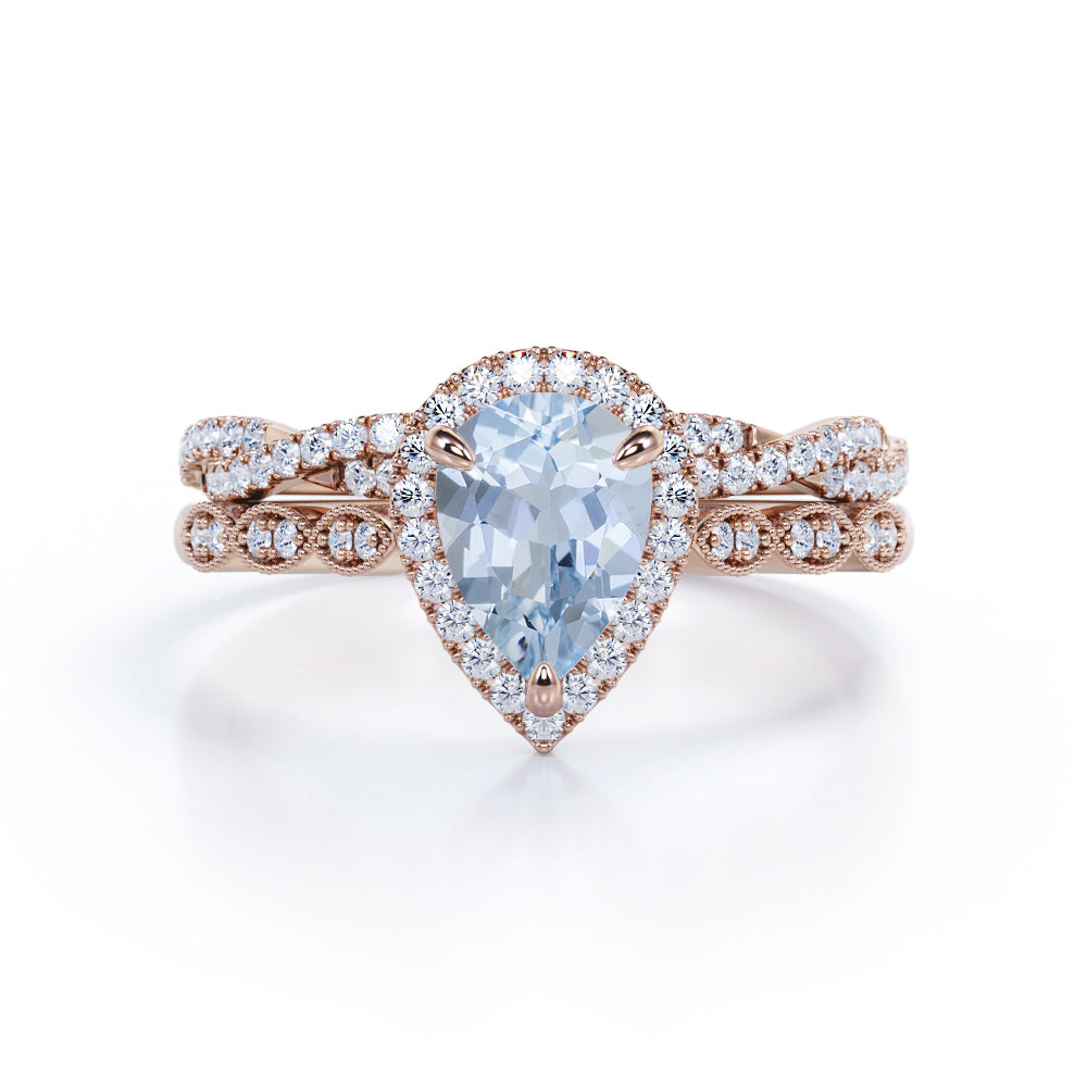 1.65 ct Pear Aquamarine Art Deco Infinity Wedding Ring Set