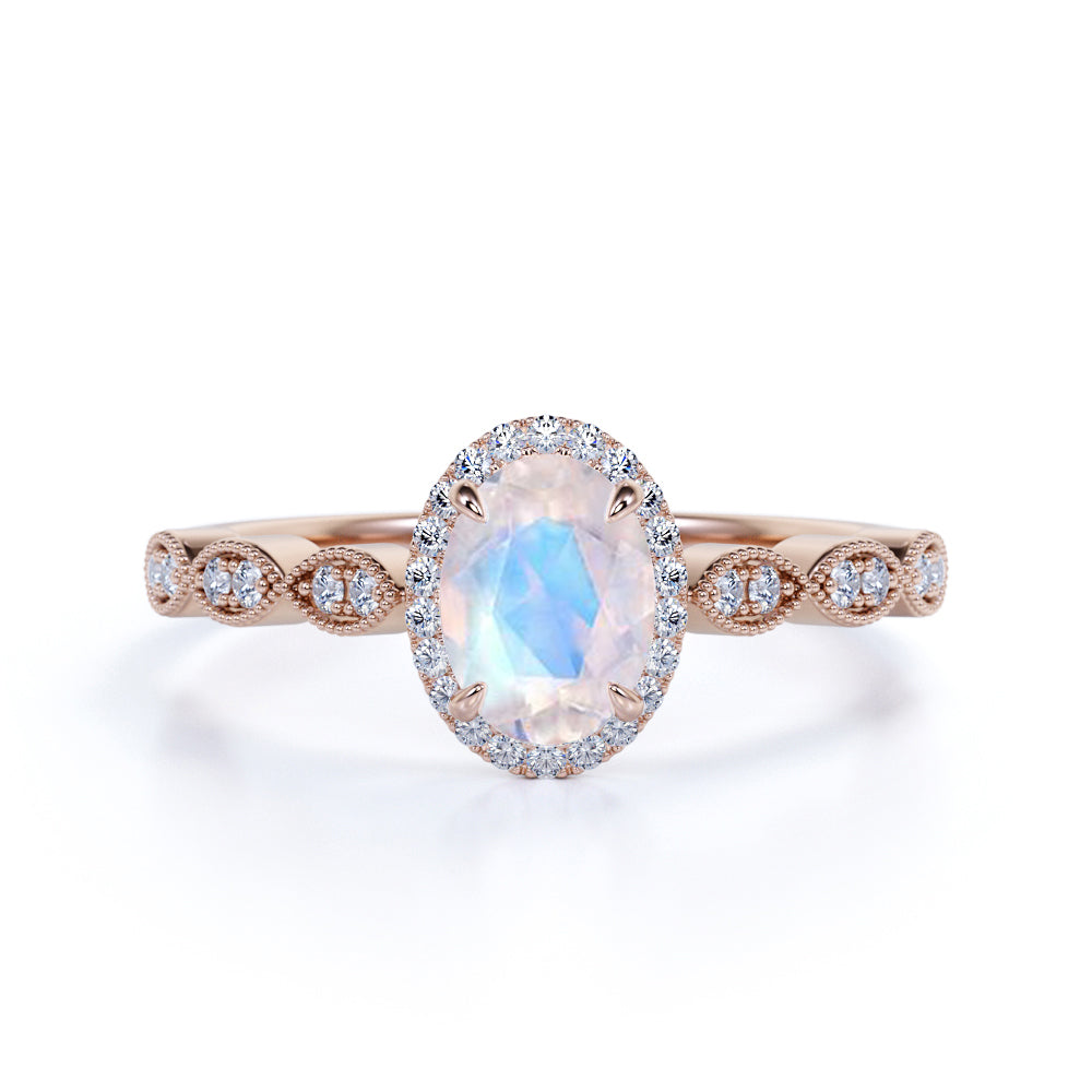 Antique 1.50 Carat Oval Rainbow Moonstone Ring with Authentic Diamond in White Gold