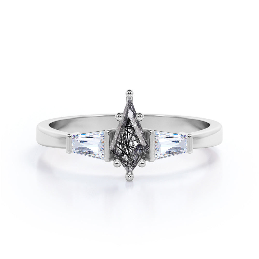 Geometric Six Prongs 1.10 Carat Kite Shaped Natural Druzy Black Rutilated Quartz And Diamond Three Stone Trilogy Engagement Ring In Rose Gold