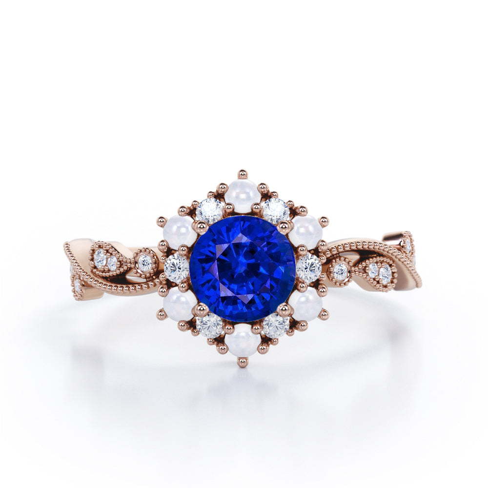 Floral Halo 0.7 carat Round Blue Lab-Created Sapphire and Diamond Engagement Ring in White Gold