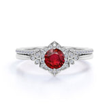 Floral Halo Design 2.50 Carat Round Cut Lab Ruby and Diamond Micro Pave Bridal Set in White Gold