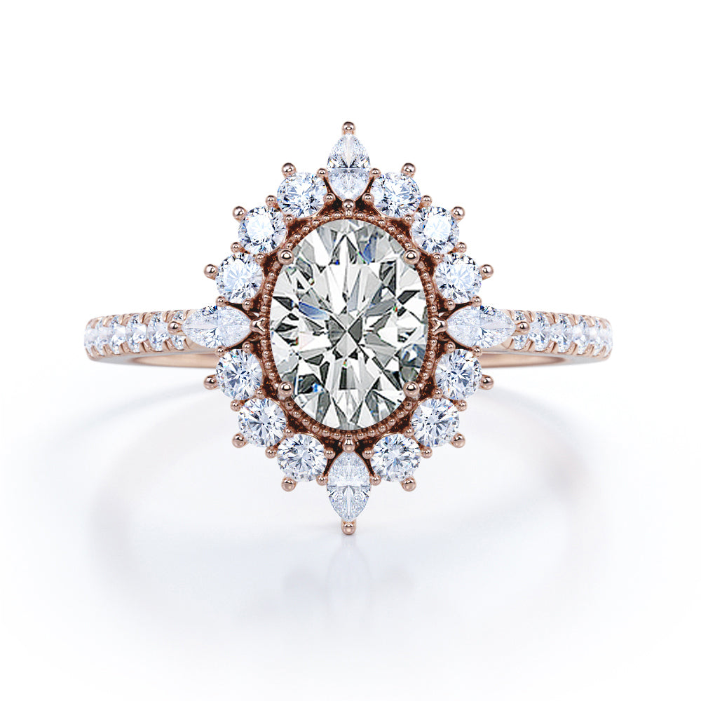 Enchanted Classic Milgrain Halo 0.8 carat Oval Moissanite and Diamond Engagement Ring in Black Gold