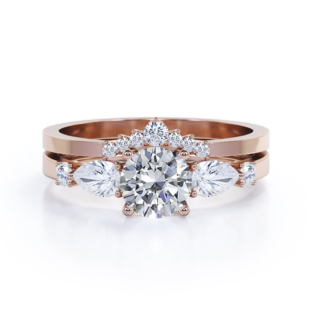 Crown Princess 0.6 carat Round Moissanite and Diamond wedding Ring Set in White Gold