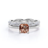 1.50 Carat Cushion Cut Peach Morganite and Diamond Wedding Ring Set in 10k White Gold