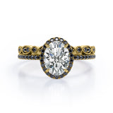 1.65 TCW Oval Cut Moissanite with Lab Created Black Diamond - Milgrain Filigree - Scalloped Pave Bridal Ring Set in White Gold
