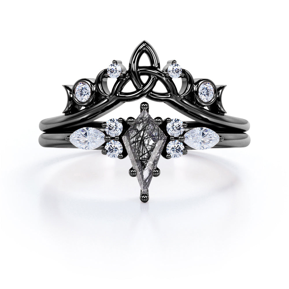 Asymmetric 1.40 Carat Kite Shaped Natural Black Rutilated Quartz And Diamond Seven Stone Tiara Style Wedding Ring Set In White Gold