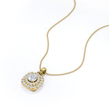 Classic Prong Set 1.50 Carat Round Certified Moissanite and Diamond Double Halo Stud Pendant Necklace in Yellow Gold
