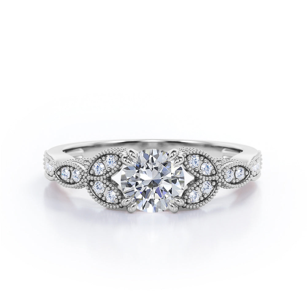 Sharp Eight Claws 0.45 Carat Round Cut Diamond Beaded Leaf Art Deco Engagement Ring In Rose Gold