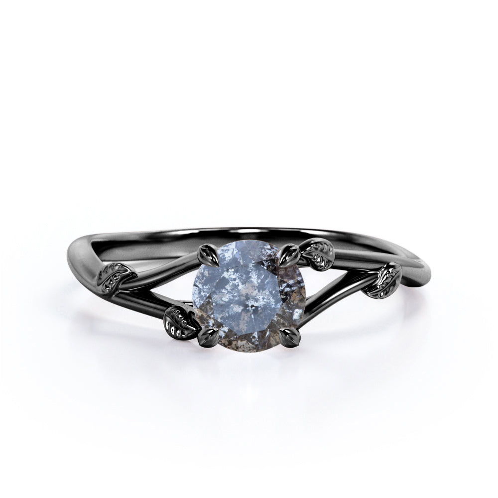 0.33 Ct Round Cut Salt and Pepper Diamond Leaf Engagement Ring