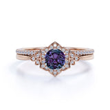 Tapered Floral Design 1.50 Carat Round Cut Lab Made Alexandrite and Diamond Cluster Pave Wedding Ring Sets for Her