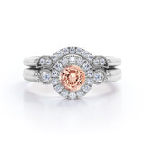 1.5 Carat Round Cut Peach Morganite and Diamond Bridal Ring Set in 10k White Gold Stunning Ring