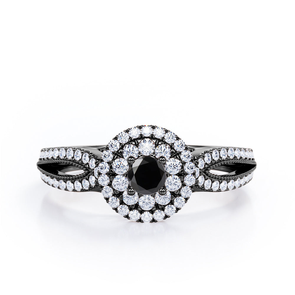 Double Halo Cluster 1.8 Carat Round-Shaped Black Diamond Split-Shaked Milgrain Pave Engagement Ring in White Gold