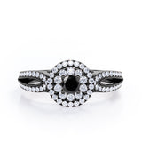 Double Halo Cluster 1.8 Carat Round-Shaped Black Diamond Split-Shaked Milgrain Pave Engagement Ring in White Gold