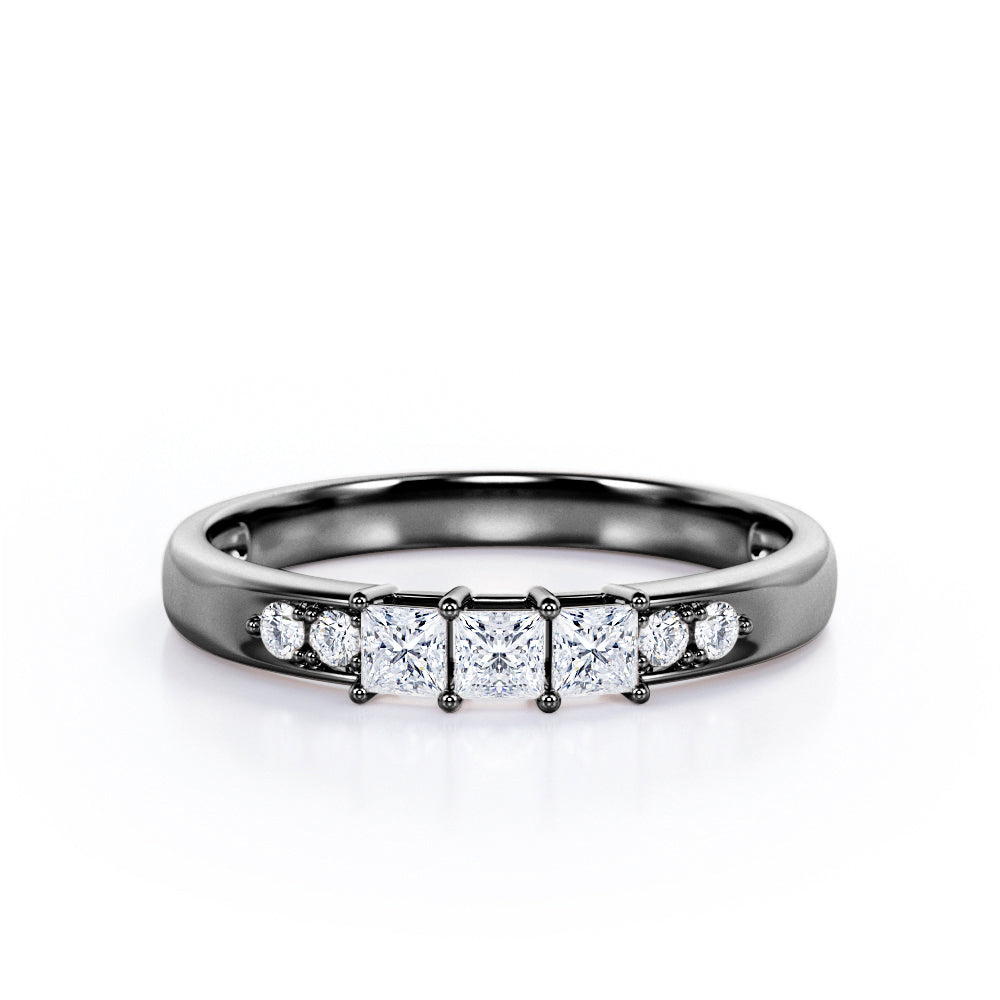 Seven Stone - 0.25 TCW Princess and Round Cut Diamond - Shared Prong Pave Wedding Band in White Gold