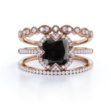 Bestselling 2 Carat Cushion cut Lab Black Diamond Halo Trio Wedding Bridal Ring Set in Rose Gold