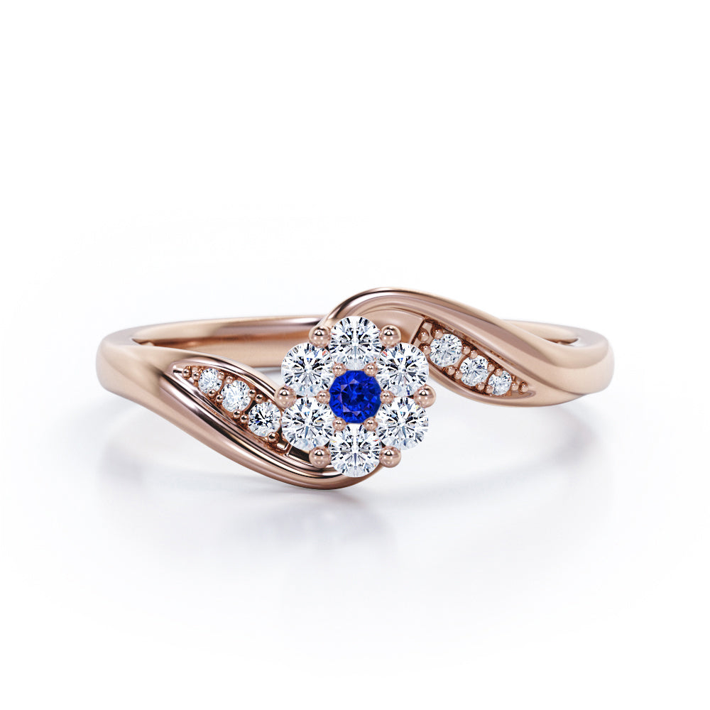 Floral Cloud Clustered 0.55 carat Round Blue Sapphire and Moissanite Distorted Engagement Ring in White Gold