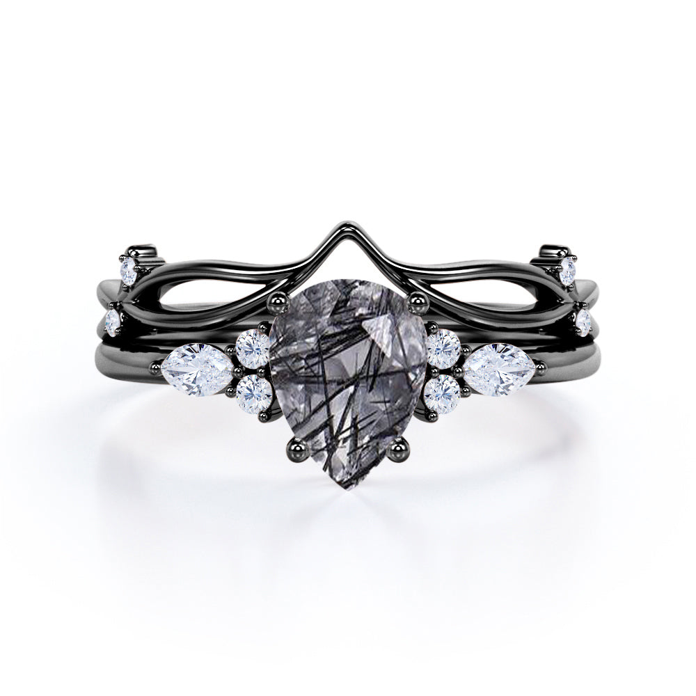 Seven Stone 1.40 Carat Tear Drop Druzy Black Rutilated Quartz And Diamond V Shaped 4 Prong Bridal Set In White Gold