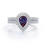 Vintage 1.65 Carat Pear Cut Lab Created Alexandrite Art Deco Wedding Ring Set In White Gold