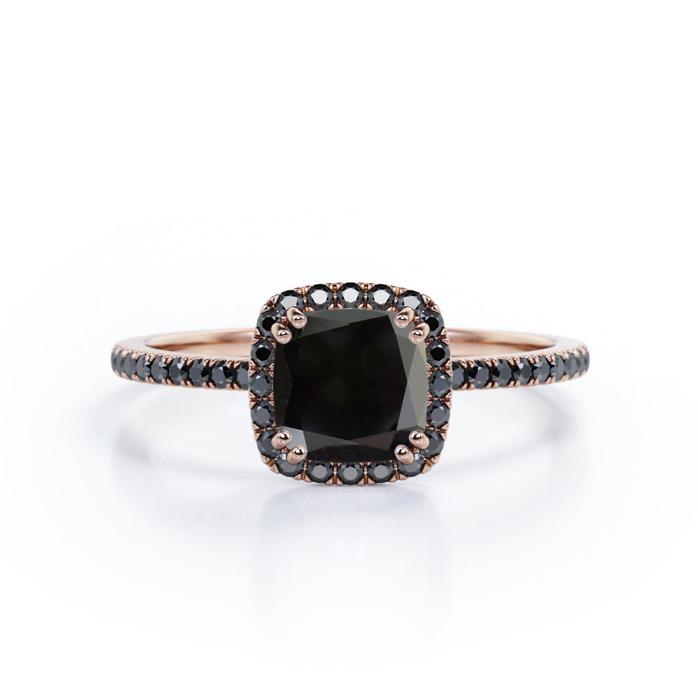 1.5 ct Cushion Lab Black Diamond Halo Engagement Ring
