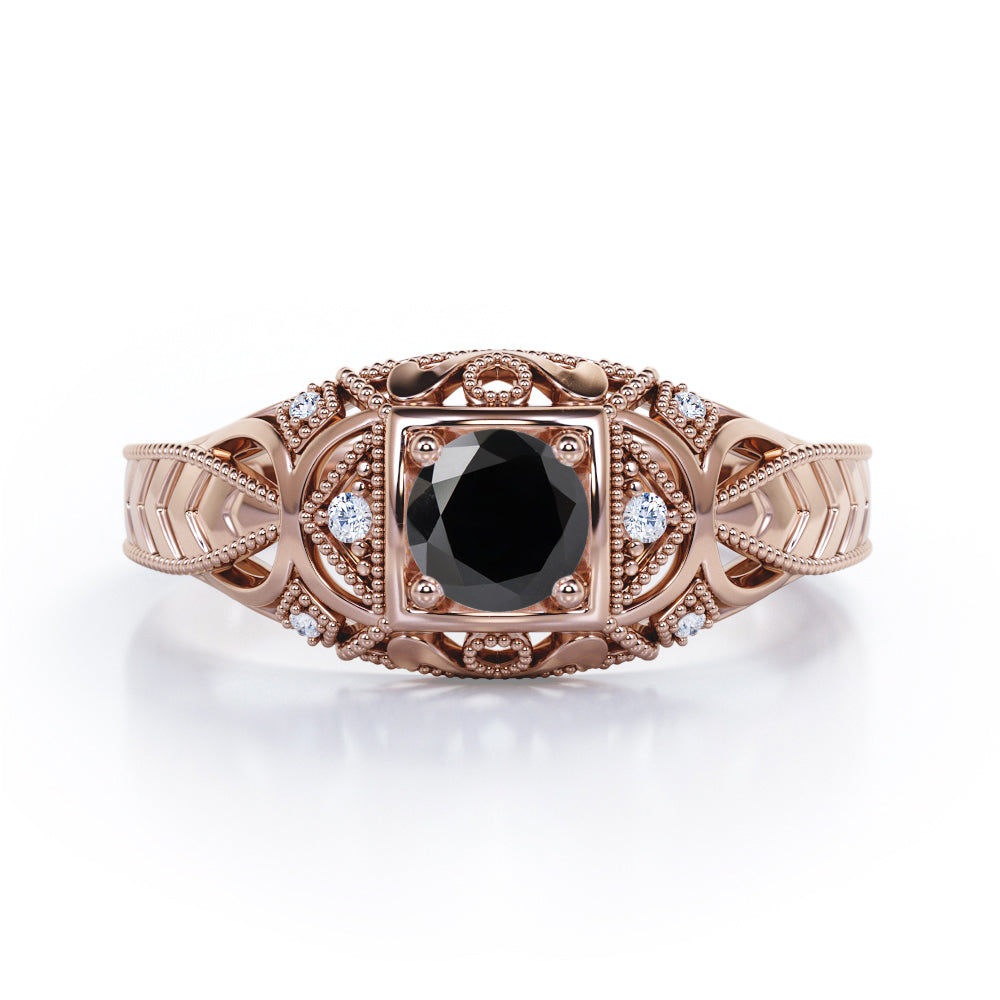 Square Framed  1.05 Carat Round Cut Black Diamond Vintage Filigree Engagement Ring In White Gold