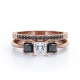 Triple Stone Square V-Prong 1.45 TCW Princess Cut Moissanite with Lab Created Black Diamond Filigree Wedding Set in Rose Gold