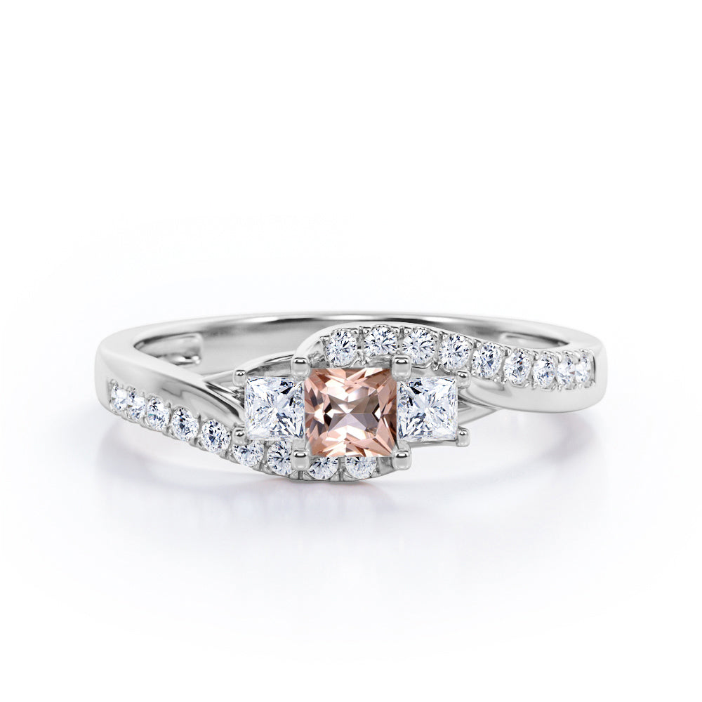 Trellis Three Stones 1 carat Princess Morganite and Moissanites Braided Engagement Ring in Rose Gold