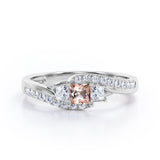 Trellis Three Stones 1 carat Princess Morganite and Moissanites Braided Engagement Ring in Rose Gold