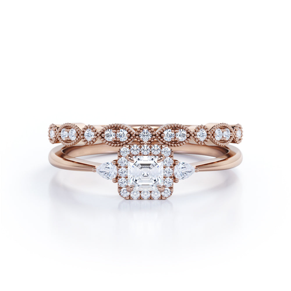 Trilogy Halo - 0.5 TCW Princess Cut Diamond - Art Deco Filigree Milgrain Bridal Set - 10K White Gold