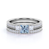 Three Stone 1.50 ct Princess Aquamarine Pave Wedding Set
