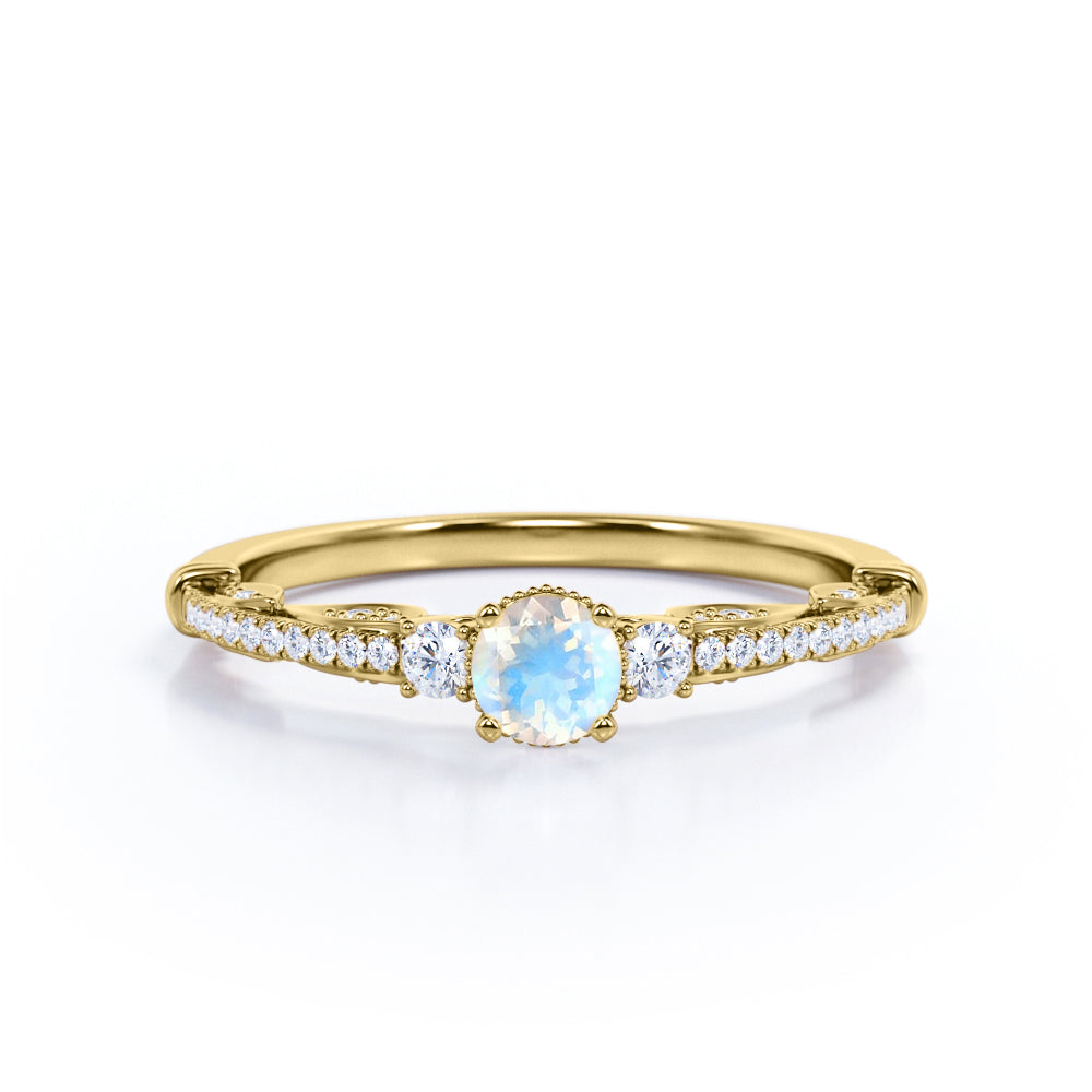 Romantic Crown Basket 0.8 carat Round Moonstone and Moissanite Engagement Ring in Rose Gold