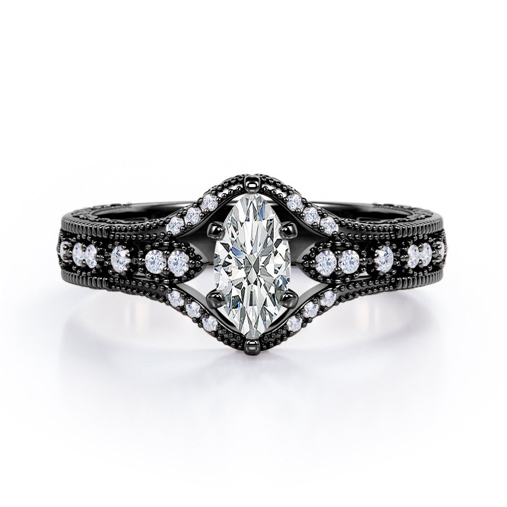 Beaded Framed 1.25 Carat Marquise Cut  Moissanite And Diamond Vintage Filigree Engagement Ring In Rose Gold